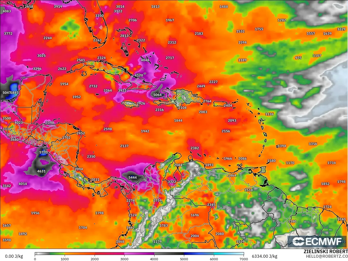 ECMWF IFS 0.25° model - Caribbean, CAPE