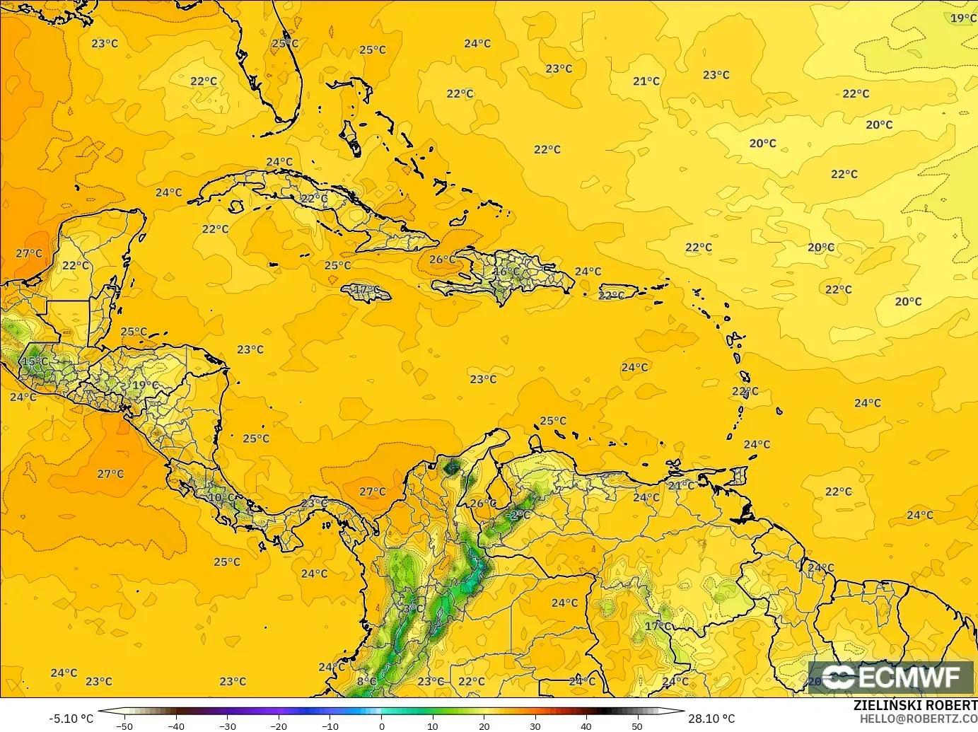 ECMWF IFS 0.25° model - Caribbean, Dewpoint at 2m