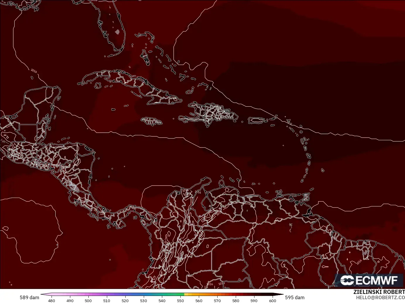 ECMWF IFS 0.25° model - Caribbean, Geopotential height at 500hPa