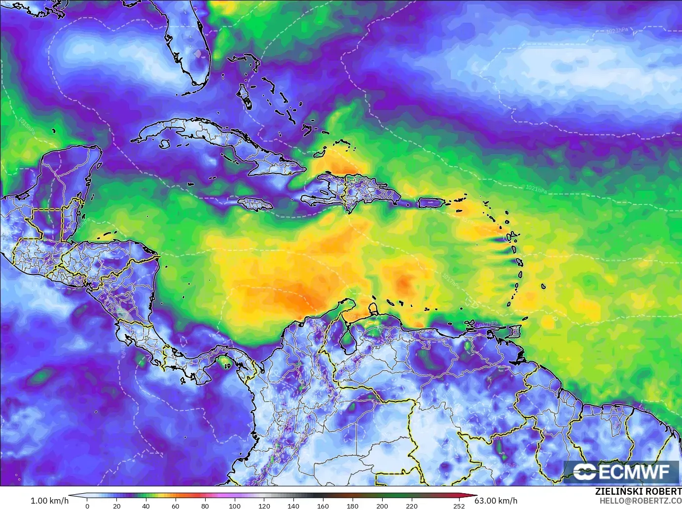 ECMWF IFS 0.25° model - Caribbean, Wind Gusts