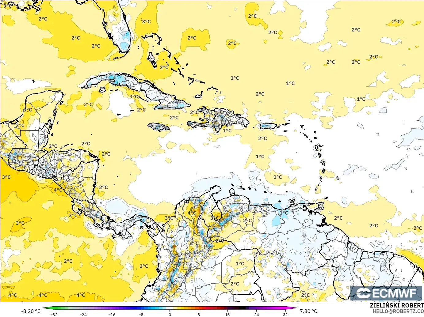 ECMWF IFS 0.25° model - Caribbean, Temperature at 2m Anomaly