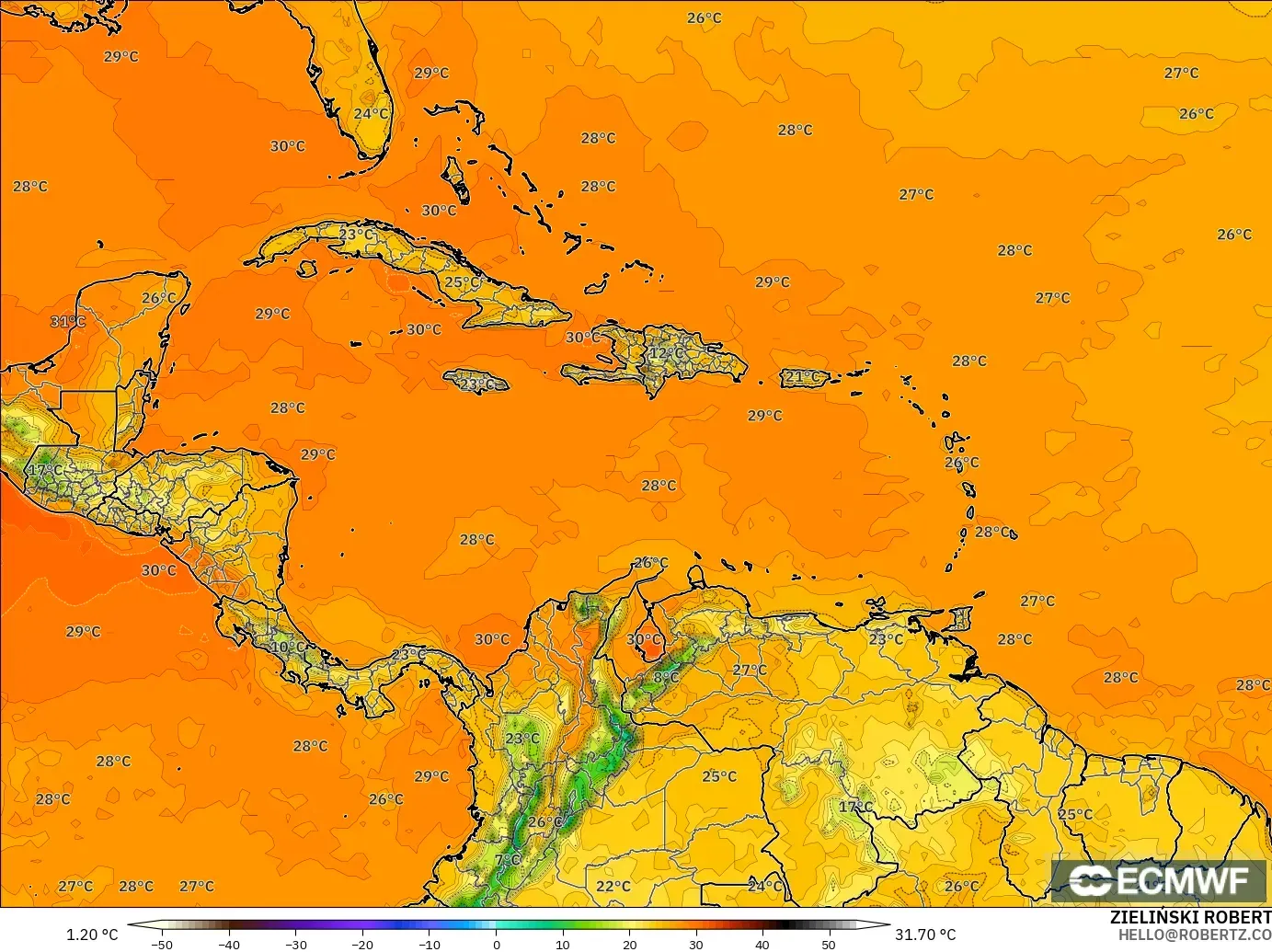 ECMWF IFS 0.25° model - Caribbean, Temperature at 2m