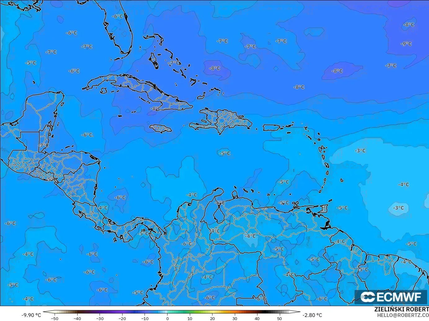 ECMWF IFS 0.25° model - Caribbean, Temperature at 500hPa