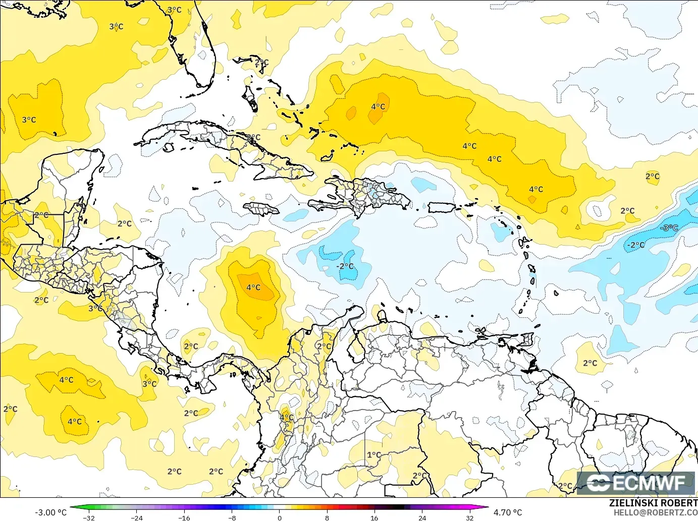 ECMWF IFS 0.25° model - Caribbean, Temperature at 850hPa Anomaly