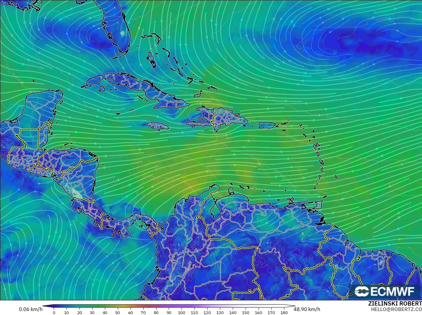 ECMWF IFS 0.25° model - Caribbean, Wind at 10m