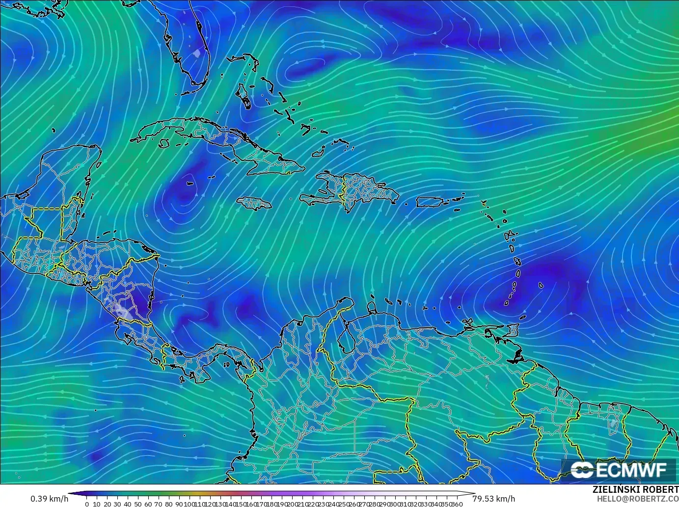 ECMWF IFS 0.25° model - Caribbean, Wind at 300hPa (jet stream)