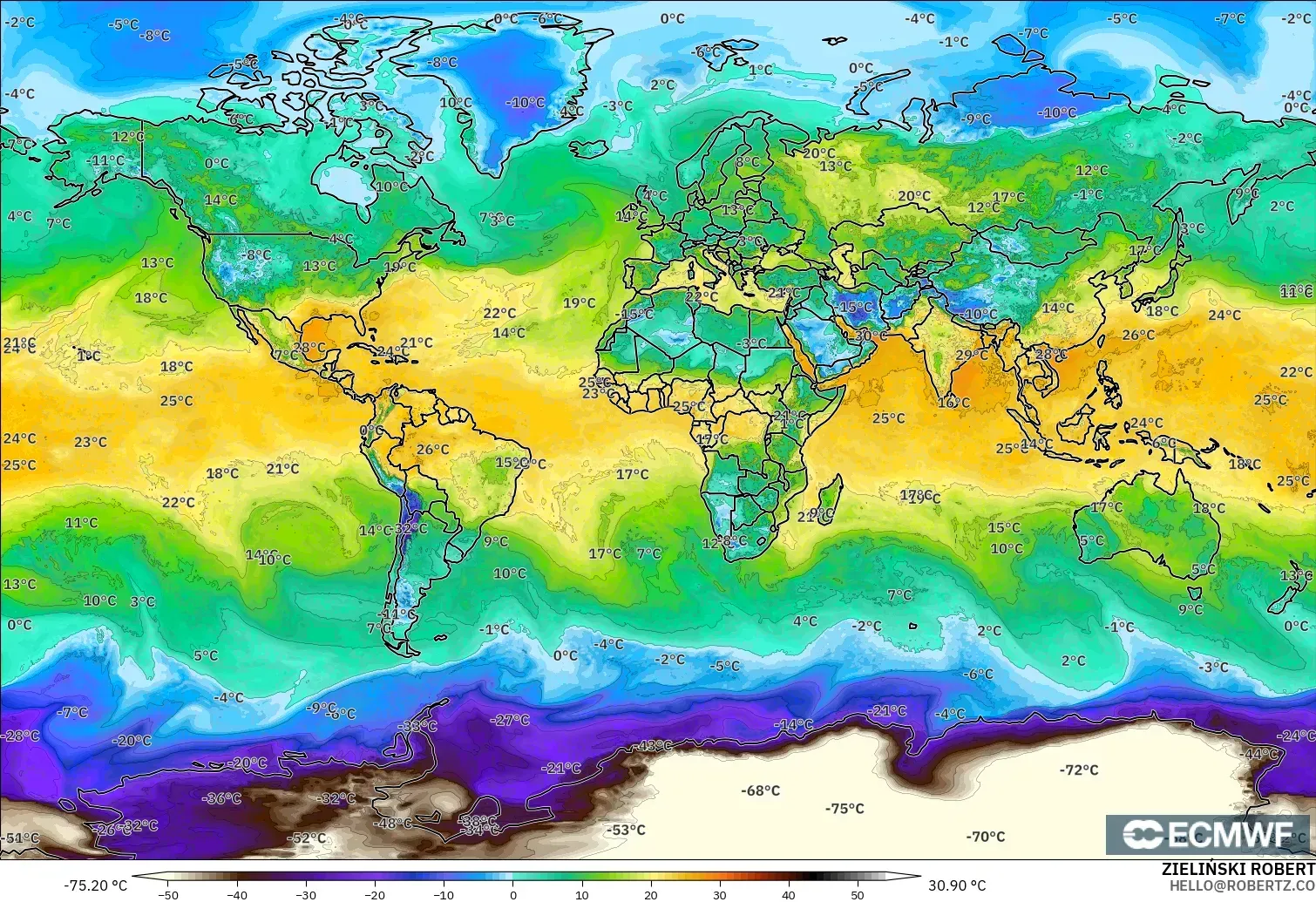 ECMWF IFS 0.25° model - World, Dewpoint at 2m