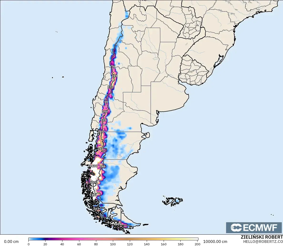 ECMWF IFS 0.25° model - Argentina, Snow Depth