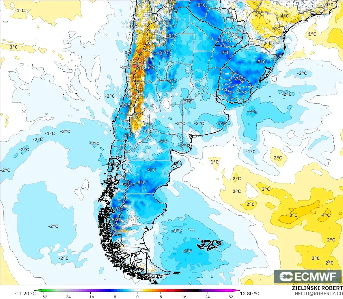 ECMWF IFS 0.25° model - Argentina, Temperature at 2m Anomaly