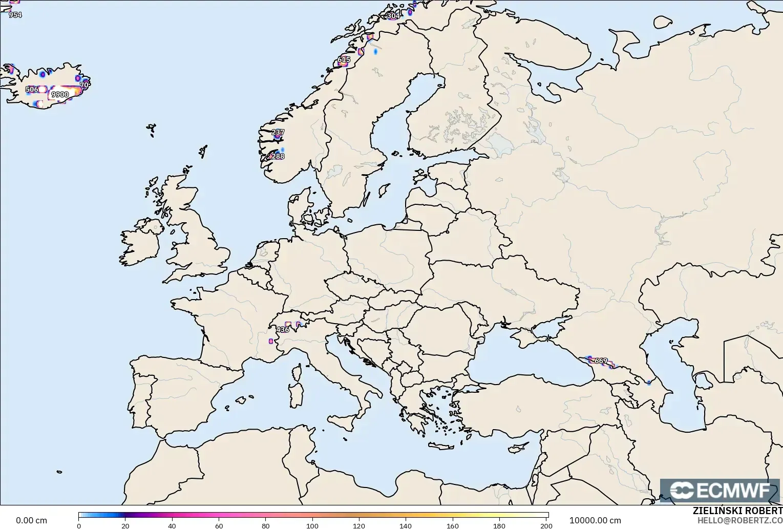 ECMWF IFS 0.25° model - Europe, Snow Depth
