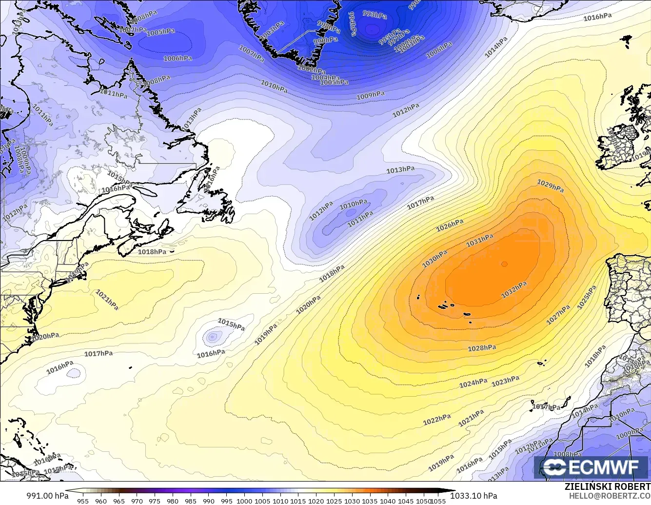 ECMWF IFS 0.25° model - North Atlantic, Pressure