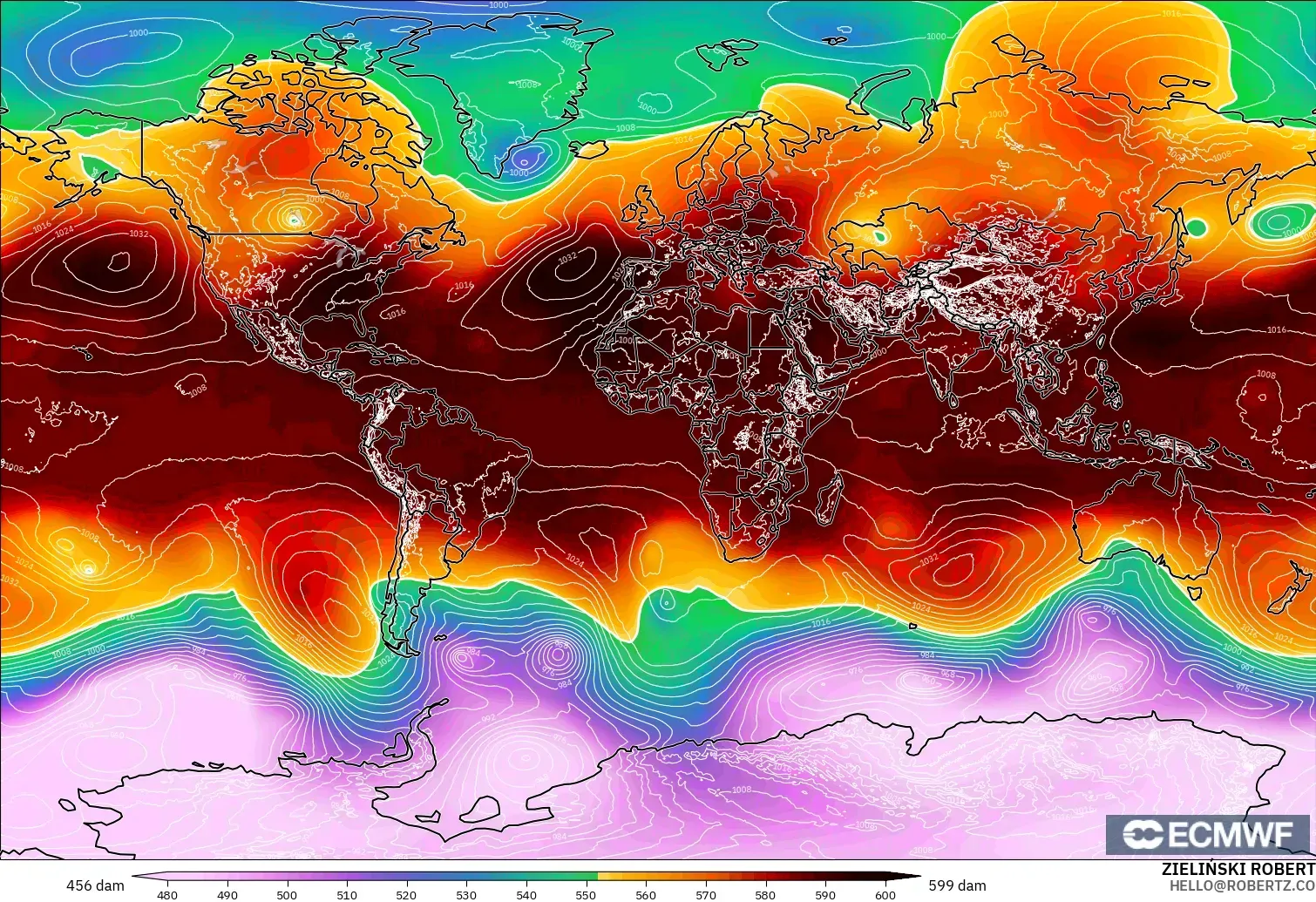 ECMWF IFS 0.25° model - World, Geopotential height at 500hPa