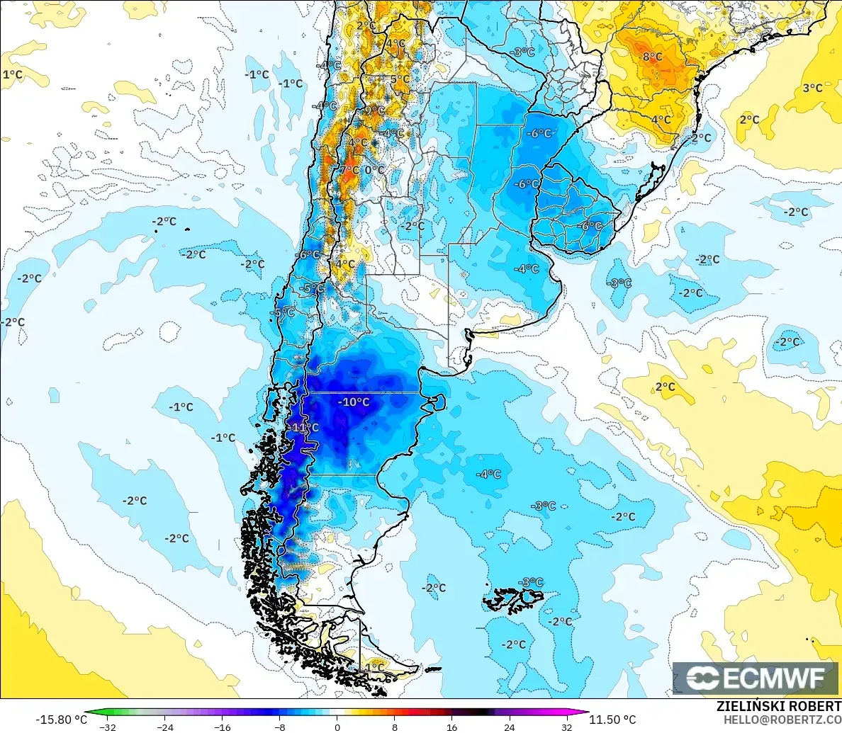 ECMWF IFS 0.25° model - Argentina, Temperature at 2m Anomaly