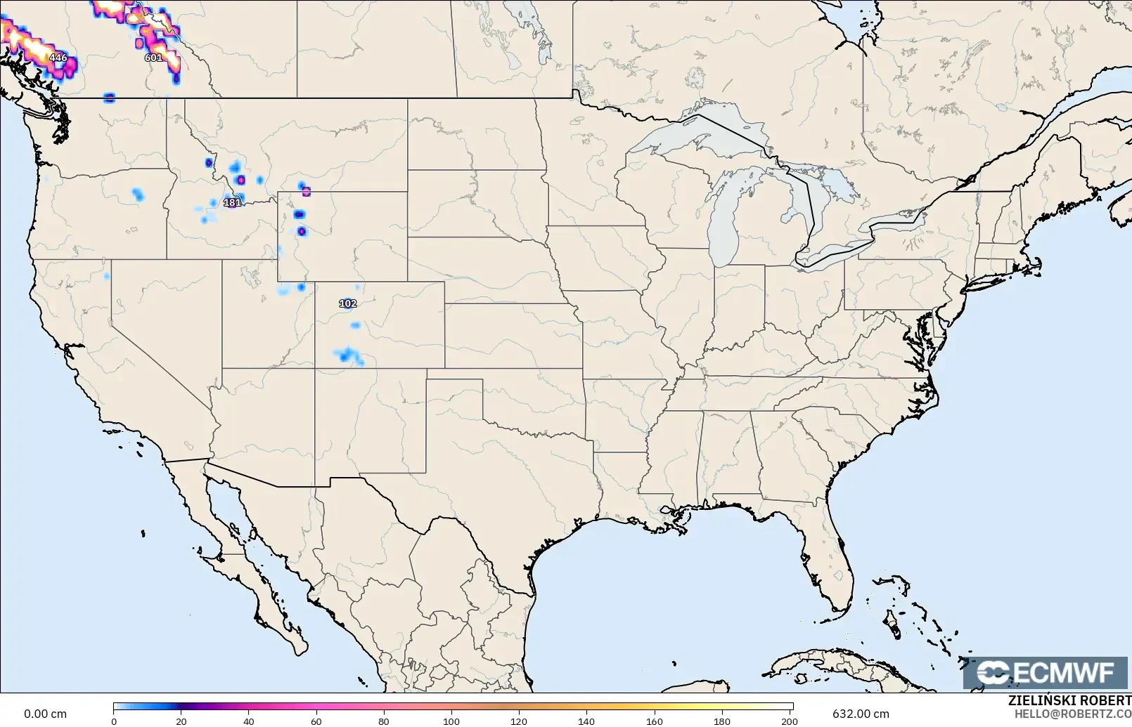 ECMWF IFS 0.25° model - United States, Snow Depth