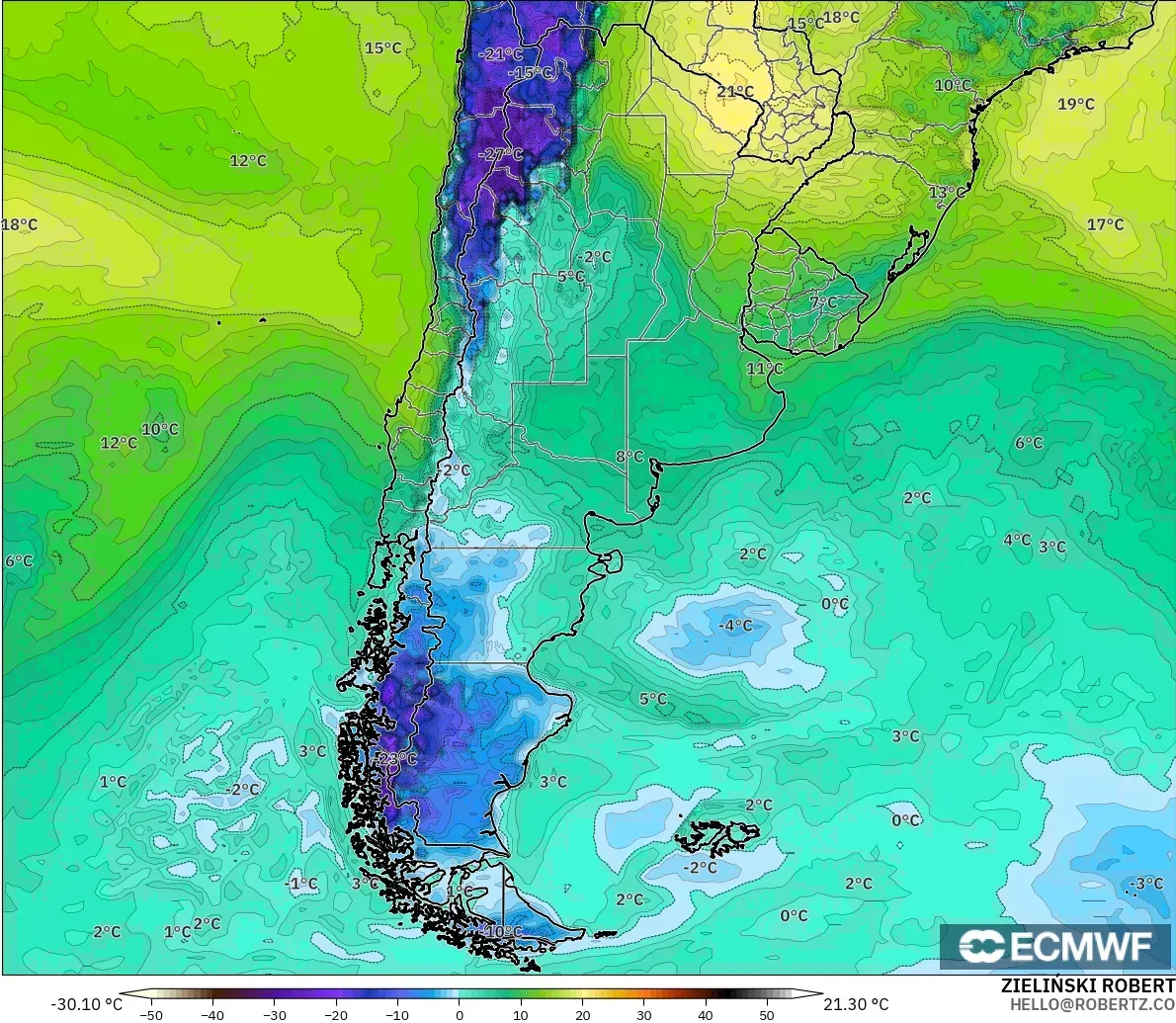 ECMWF IFS 0.25° model - Argentina, Dewpoint at 2m