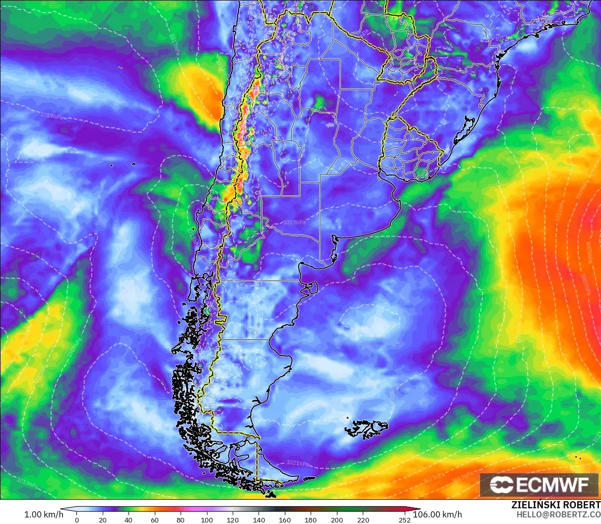 ECMWF IFS 0.25° model - Argentina, Wind Gusts