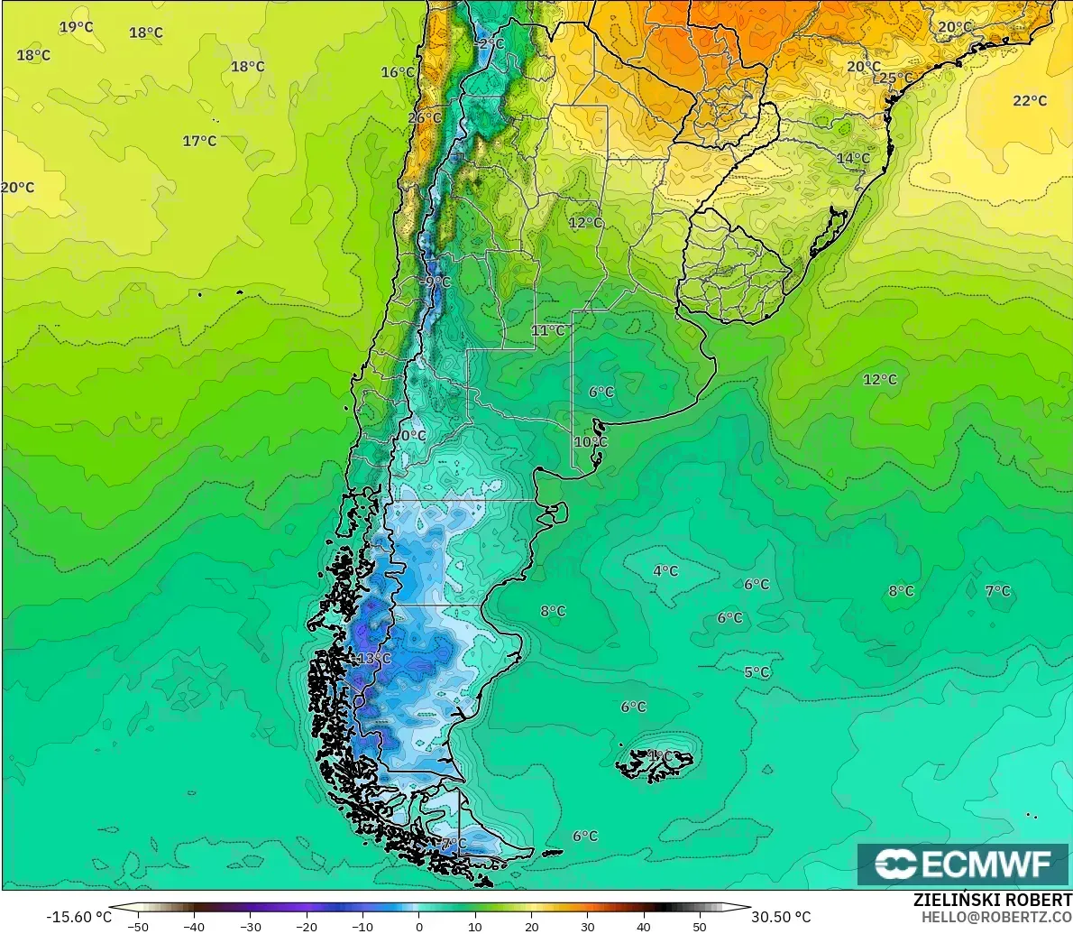 ECMWF IFS 0.25° model - Argentina, Temperature at 2m