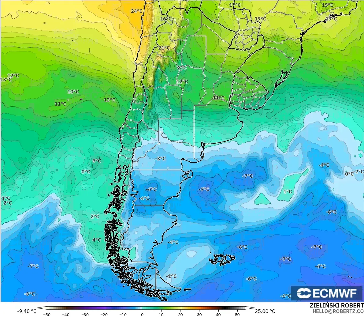ECMWF IFS 0.25° model - Argentina, Temperature at 850hPa