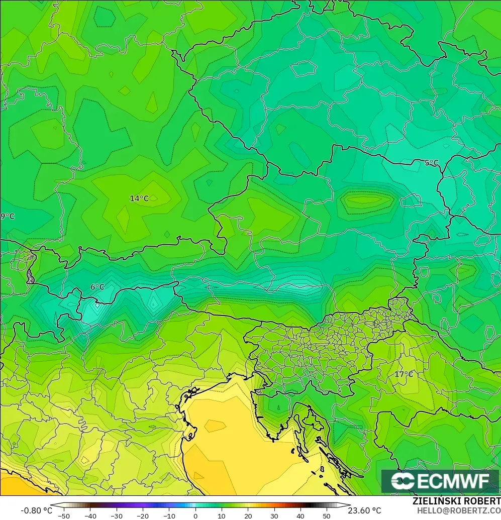ECMWF IFS 0.25° model - Austria, Dewpoint at 2m