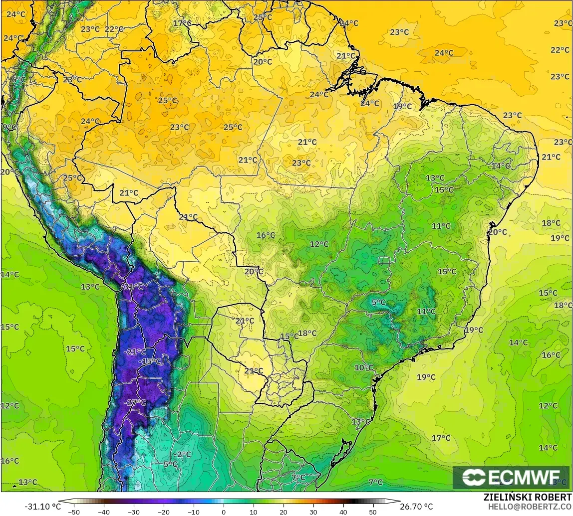 ECMWF IFS 0.25° model - Brazil, Dewpoint at 2m