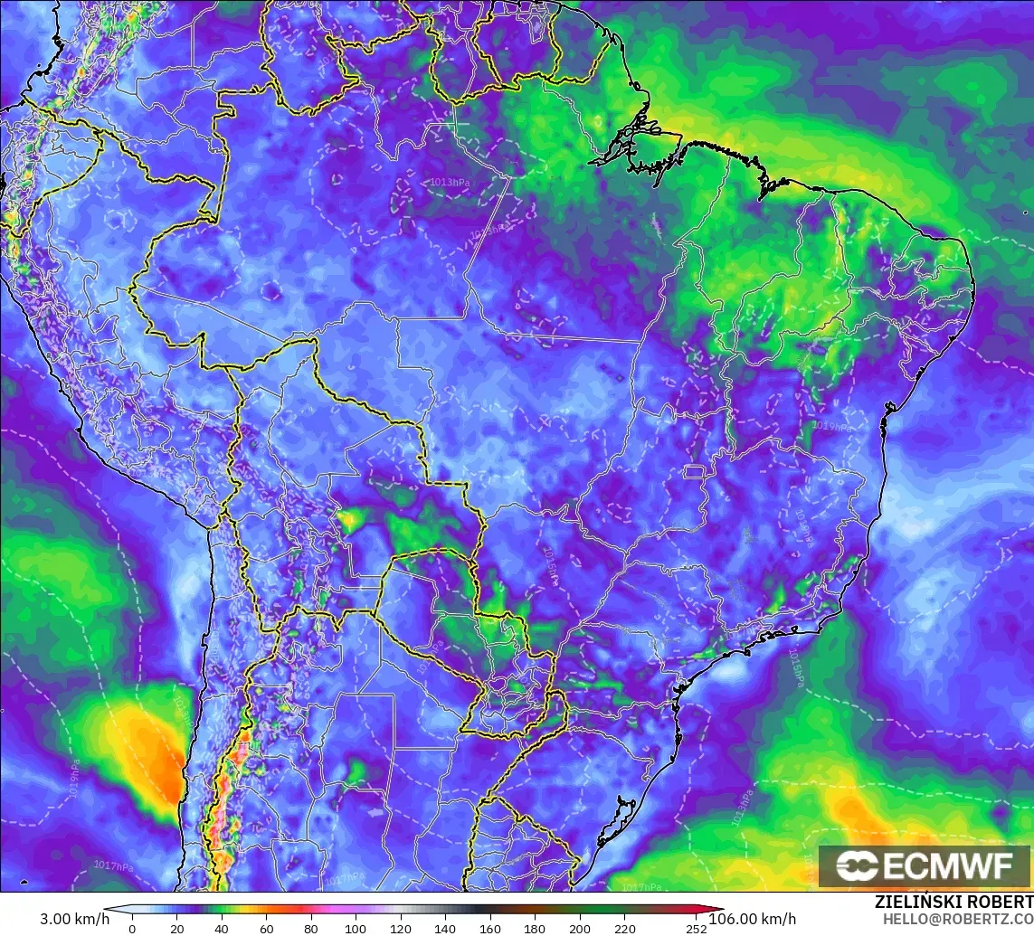 ECMWF IFS 0.25° model - Brazil, Wind Gusts Peak