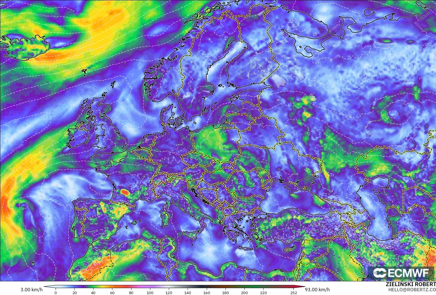 ECMWF IFS 0.25° model - Europe, Wind Gusts