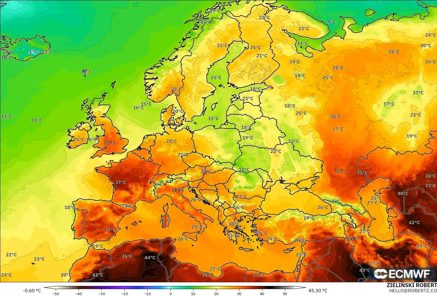 ECMWF IFS 0.25° model - Europe, Temperature at 2m