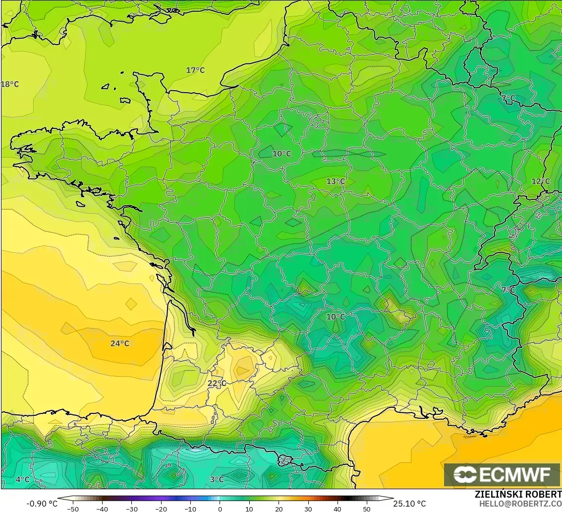 ECMWF IFS 0.25° model - France, Dewpoint at 2m