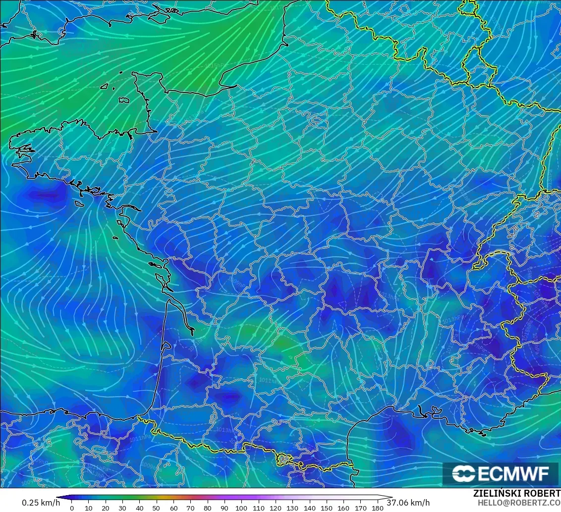 ECMWF IFS 0.25° model - France, Wind at 10m