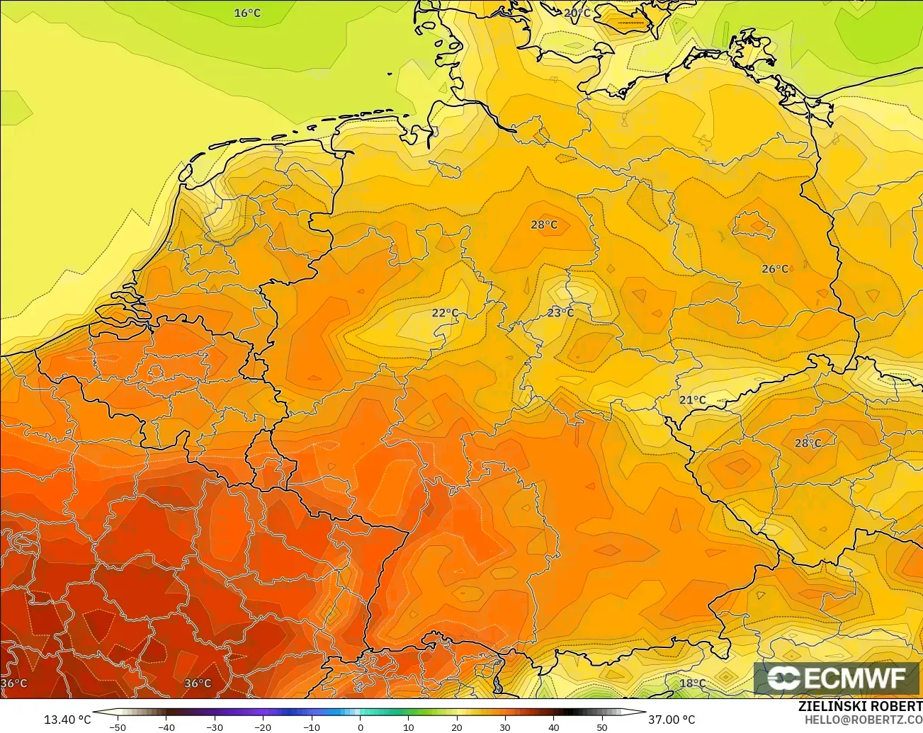 ECMWF IFS 0.25° model - Germany, Temperature at 2m