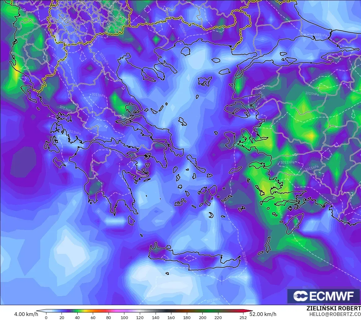 ECMWF IFS 0.25° model - Greece, Wind Gusts
