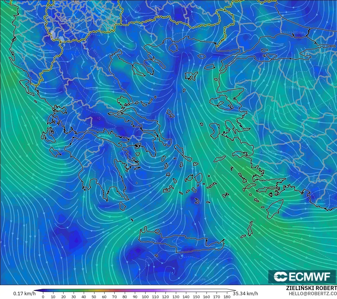 ECMWF IFS 0.25° model - Greece, Wind at 10m