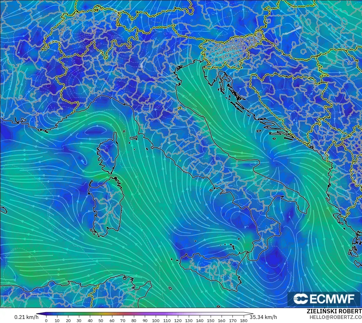 ECMWF IFS 0.25° model - Italy, Wind at 10m