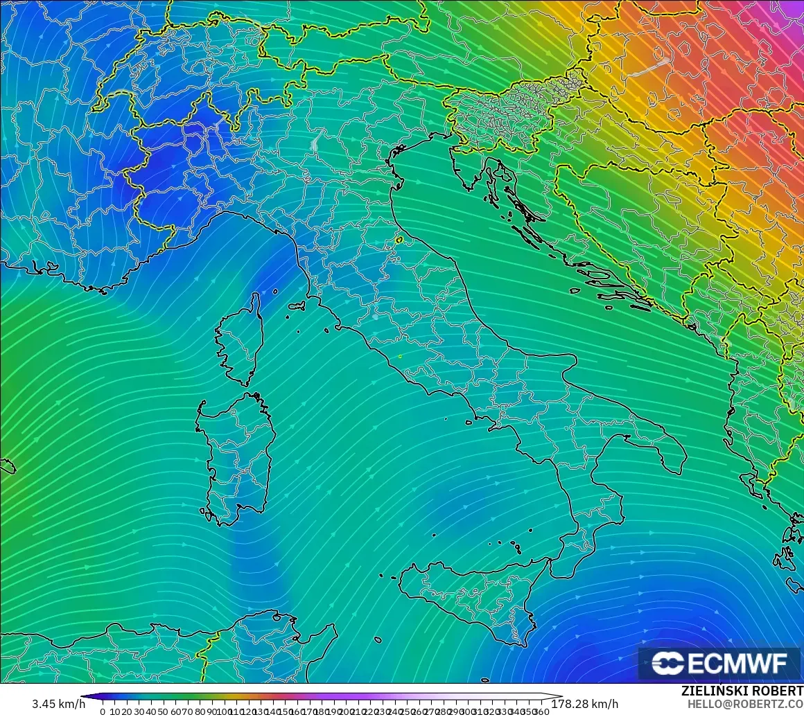 ECMWF IFS 0.25° model - Italy, Wind at 300hPa (jet stream)