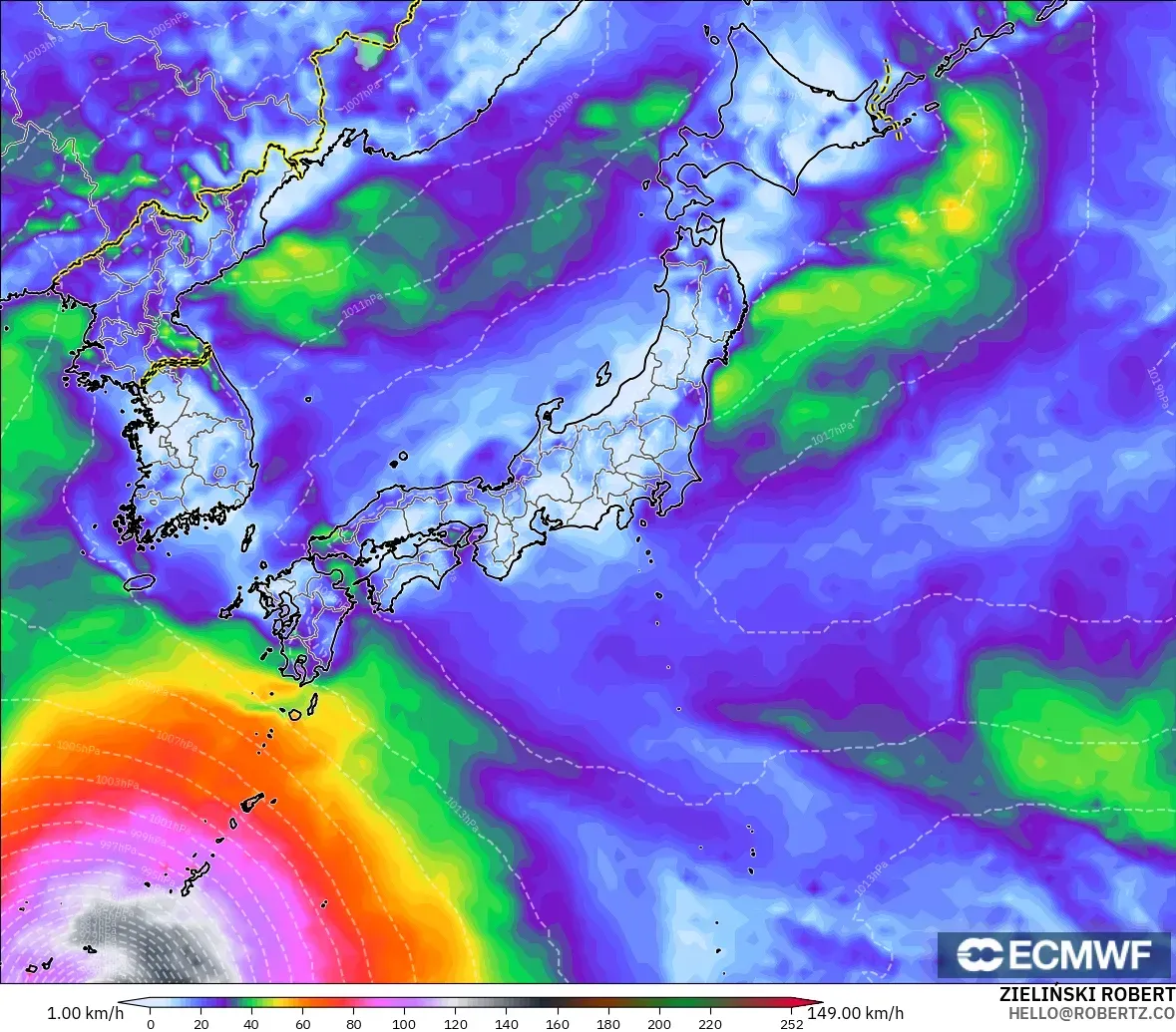 ECMWF IFS 0.25° model - Japan, Wind Gusts Peak