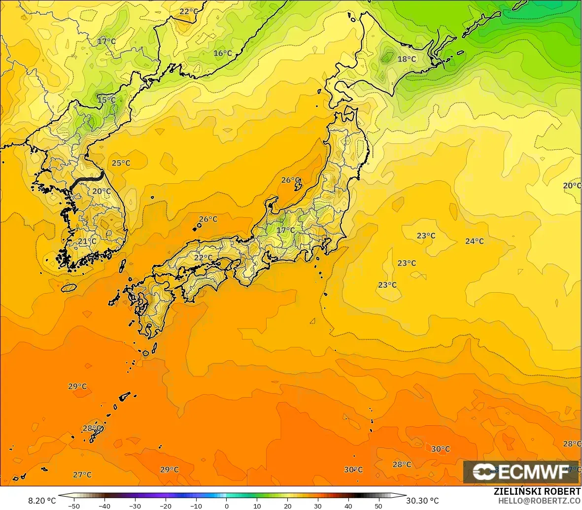 ECMWF IFS 0.25° model - Japan, Temperature at 2m
