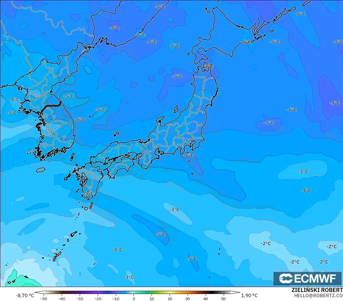 ECMWF IFS 0.25° model - Japan, Temperature at 500hPa