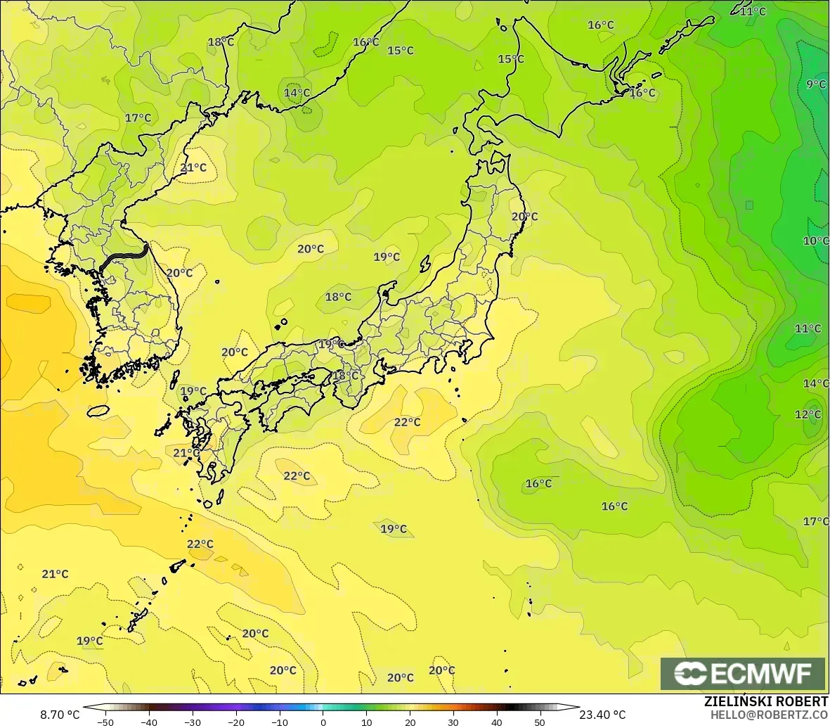 ECMWF IFS 0.25° model - Japan, Temperature at 850hPa