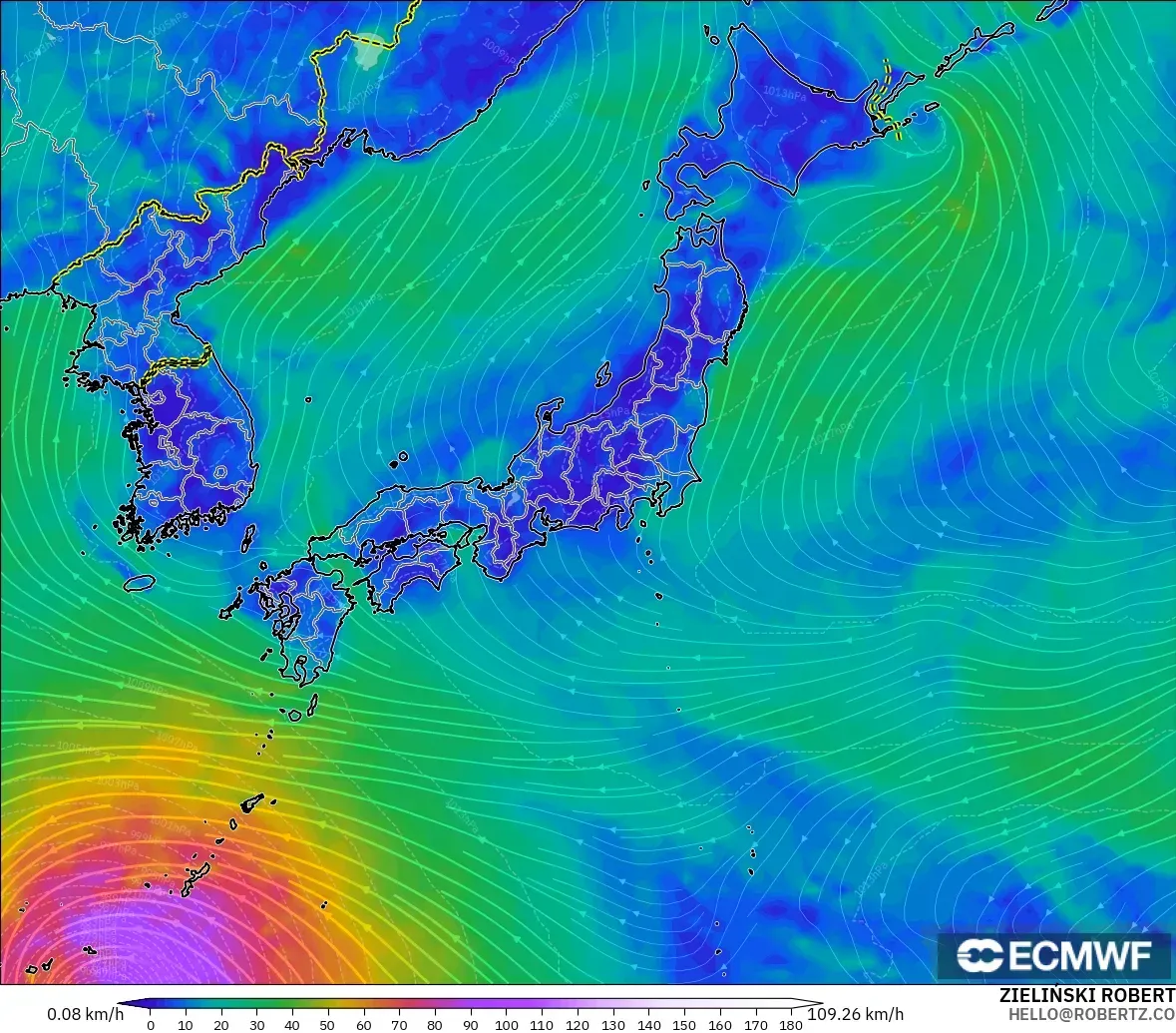 ECMWF IFS 0.25° model - Japan, Wind at 10m