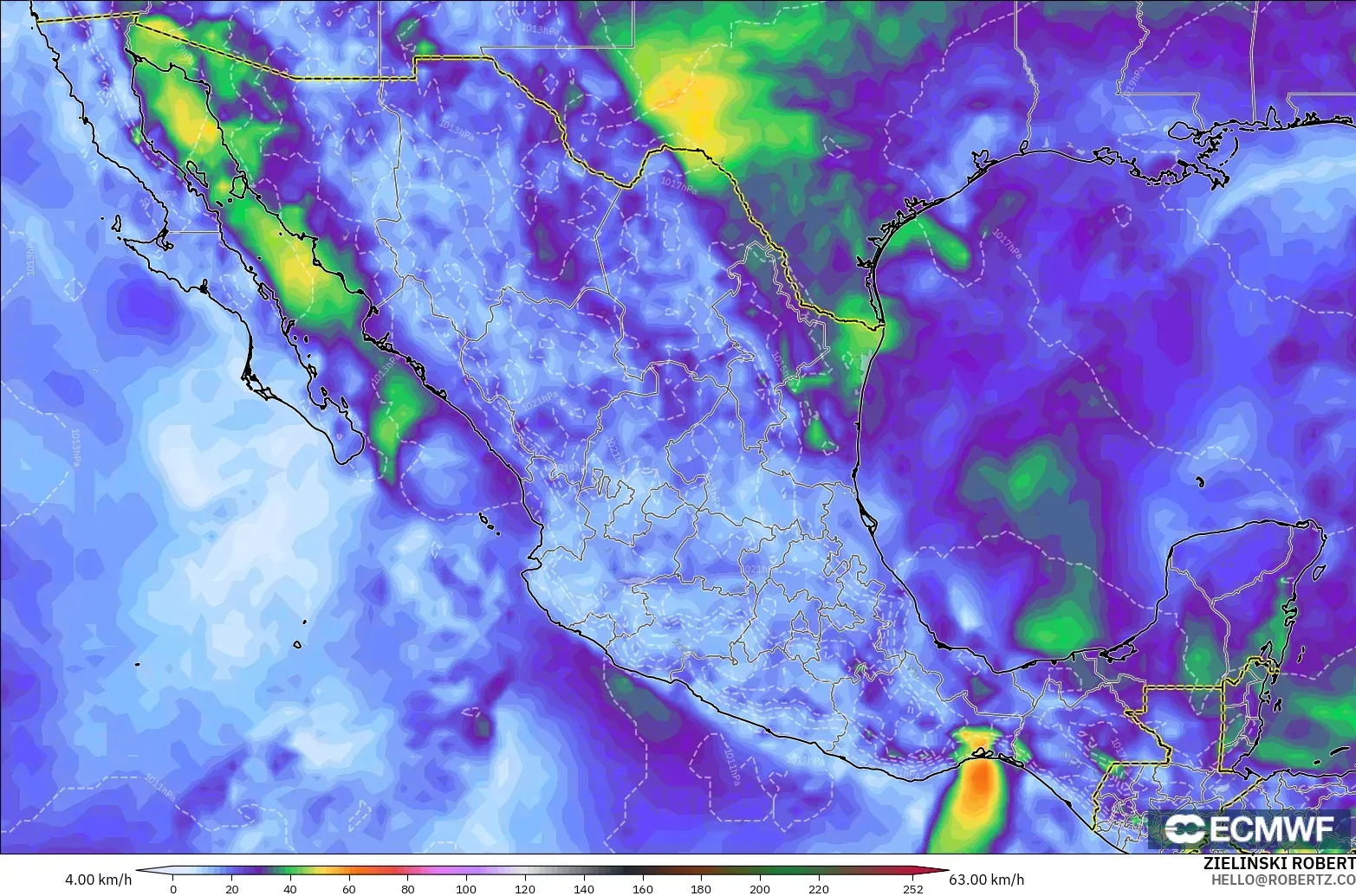 ECMWF IFS 0.25° model - Mexico, Wind Gusts