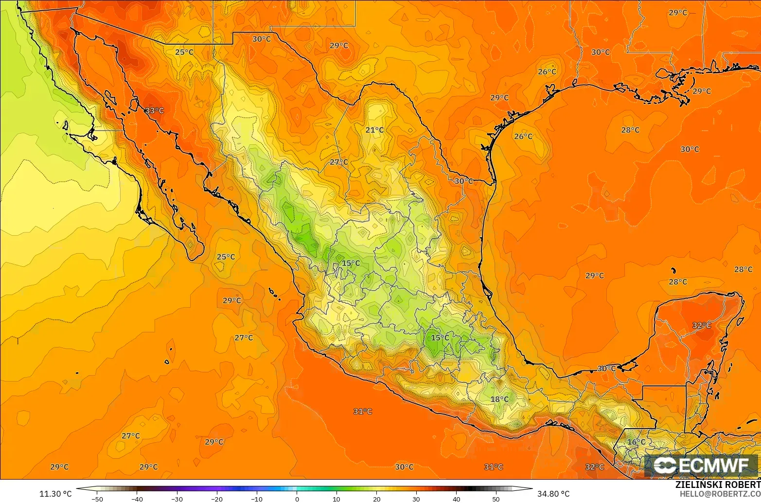 ECMWF IFS 0.25° model - Mexico, Temperature at 2m