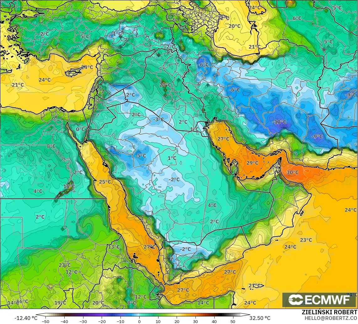 ECMWF IFS 0.25° model - Middle East, Dewpoint at 2m