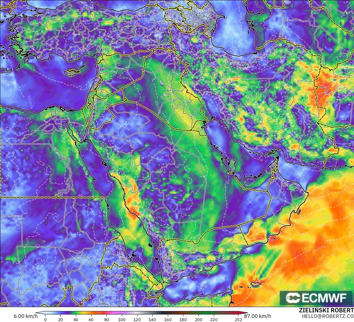 ECMWF IFS 0.25° model - Middle East, Wind Gusts Peak
