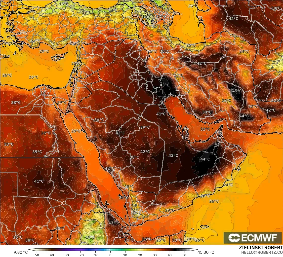 ECMWF IFS 0.25° model - Middle East, Temperature at 2m