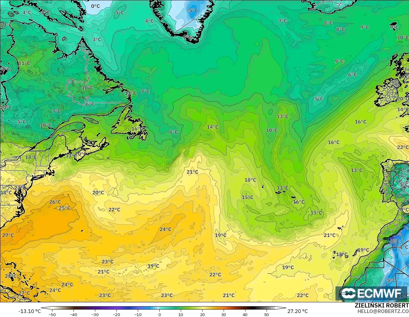 ECMWF IFS 0.25° model - North Atlantic, Dewpoint at 2m