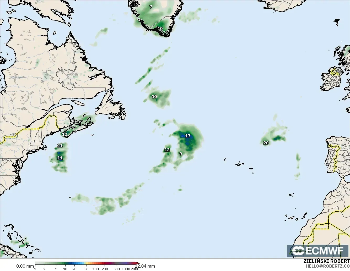 ECMWF IFS 0.25° model - North Atlantic, Precipitation Accumulation