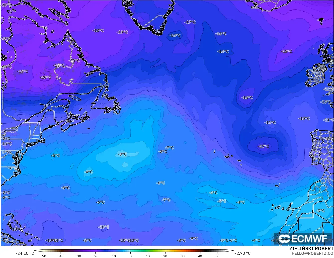 ECMWF IFS 0.25° model - North Atlantic, Temperature at 500hPa