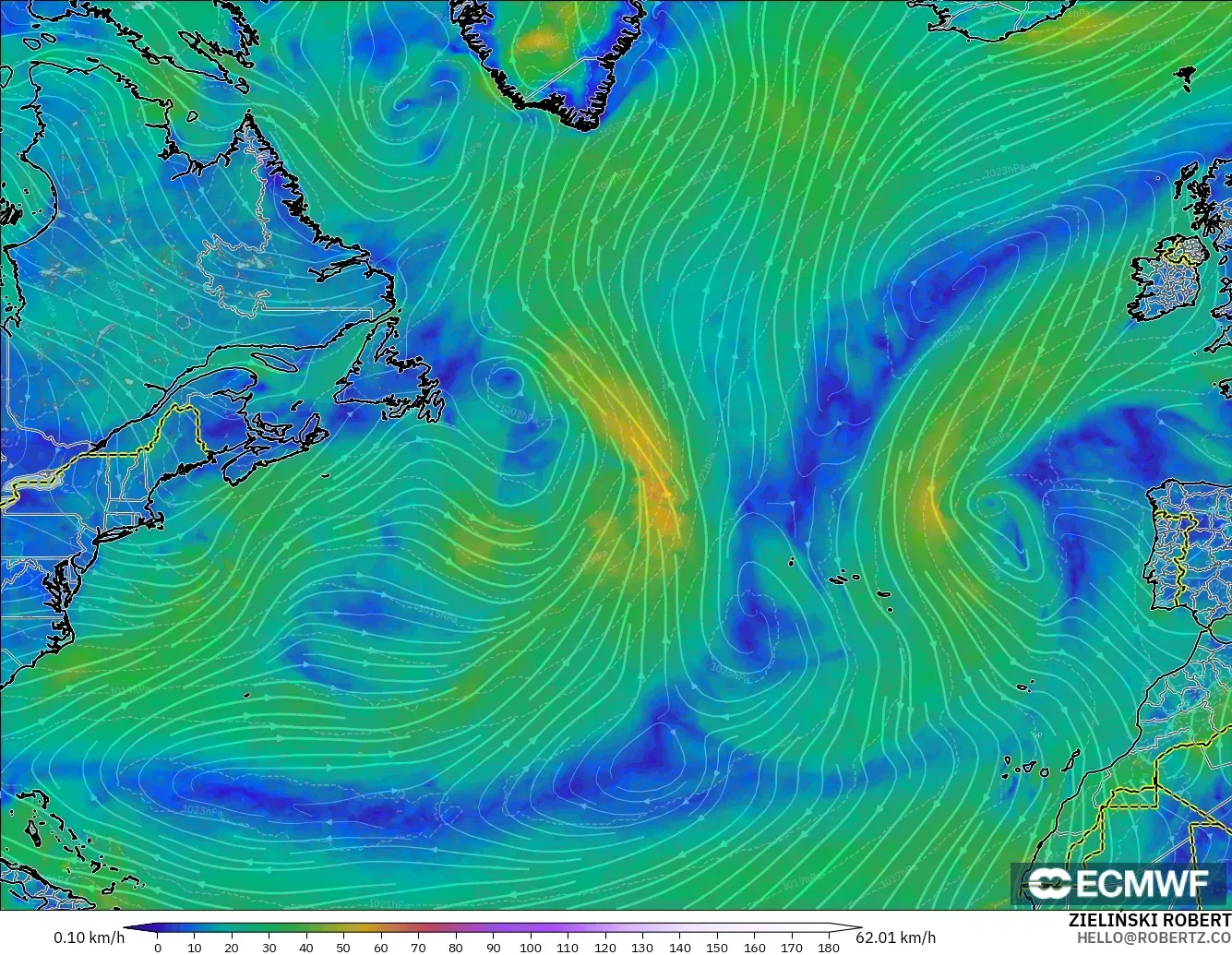 ECMWF IFS 0.25° model - North Atlantic, Wind at 10m
