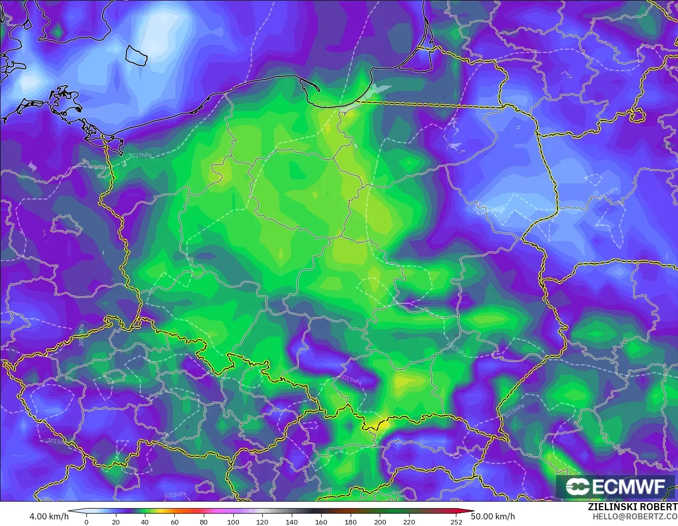 ECMWF IFS 0.25° model - Poland, Wind Gusts Peak
