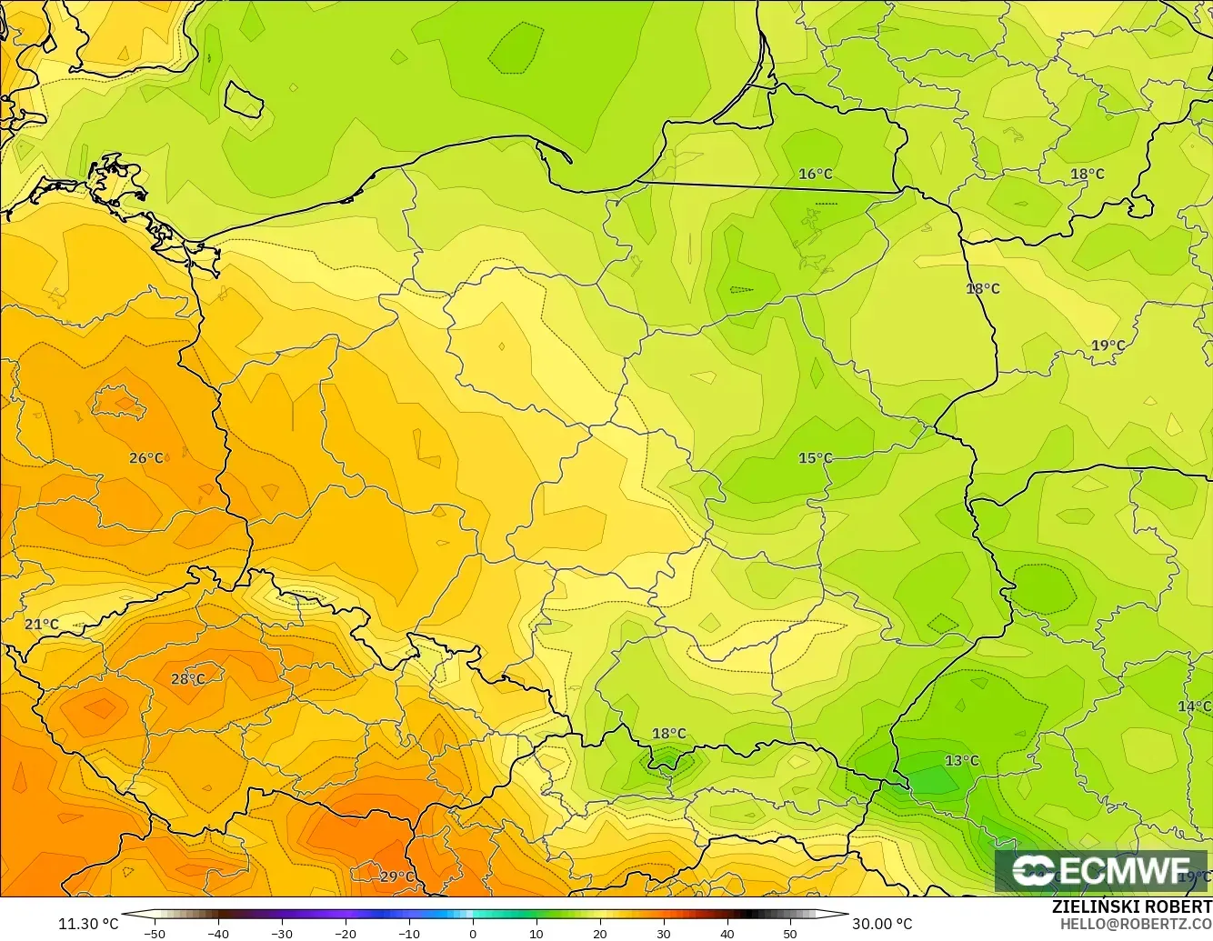 ECMWF IFS 0.25° model - Poland, Temperature at 2m